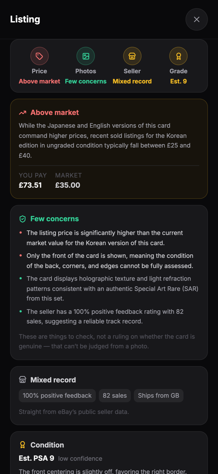 Hoard Buy Report with market value, estimated grade and seller reputation insights